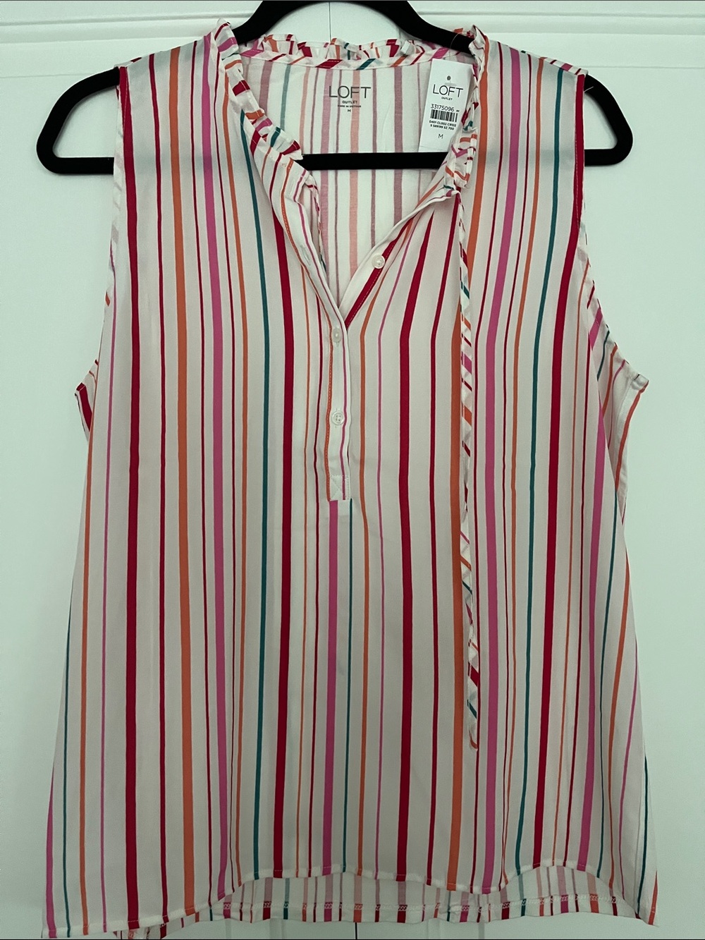 LOFT Sleeveless Striped Blouse in White with Pink, Red, Orange and Teal Stripes